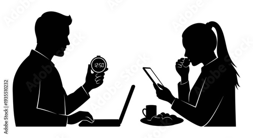 Two professionals discussing over coffee with digital devices in hand Vector, illustration