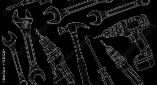 Collection of various hand tools and power tools in sketch style.