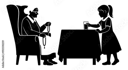 Elderly man and young girl engaged in a quiet tea time activity together Vector, illustration