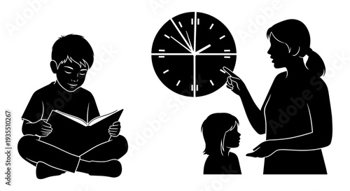 Teaching children about time using a clock and a book in a classroom setting Vector, illustration