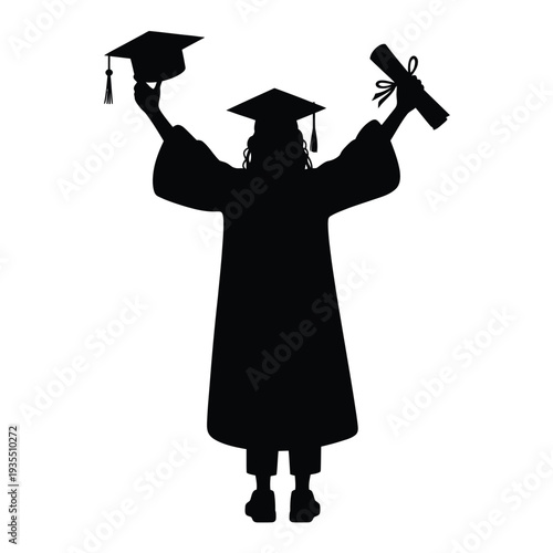 Celebrating graduation silhouette of students with cap gown and diploma