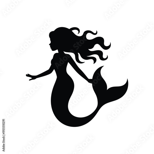 Silhouette of a graceful mermaid with flowing hair and a fish tail