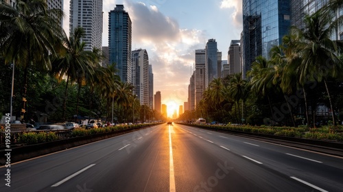 Glass office buildings line a wide road with palm trees on each side. Traffic is light during the blue hour