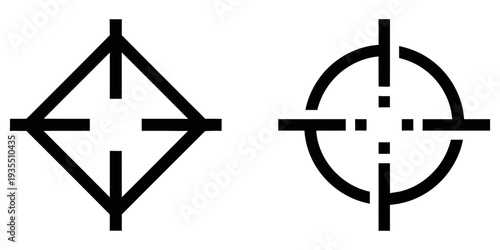 Precision Crosshair and Target Icons in Diamond and Circular Shapes | Minimalist Black Vector Graphics on a White Background for UI Design