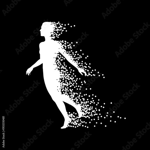 Woman Disintegrating into Small Particles.