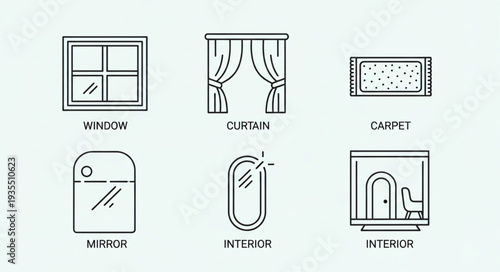 Collection of six simple line art icons representing home interior elements.