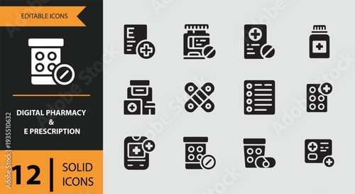 Digital Pharmacy and Electronic Prescription Solid Icons