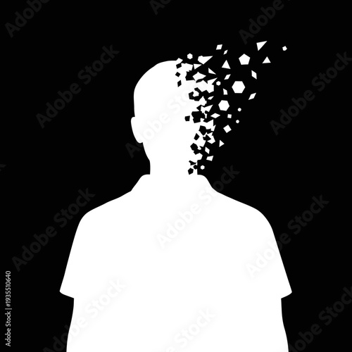Man silhouette with disintegrating head silhouette.