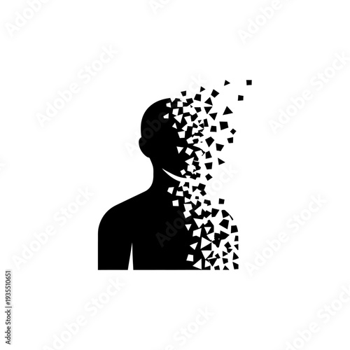 Man Silhouette Disintegrating into Small Pieces.