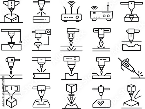 Diverse collection of industrial machines and tools in a line-up illustration