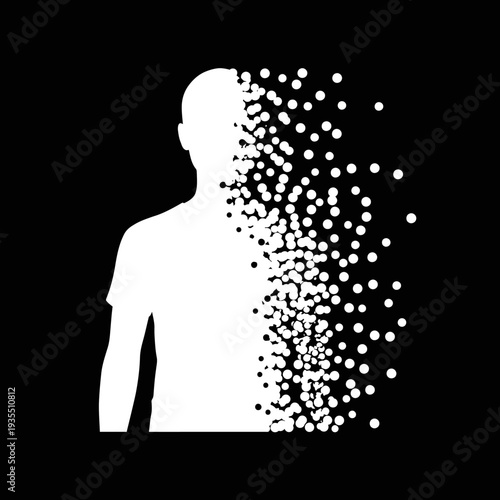 Human Silhouette Disintegrating into Small Particles.