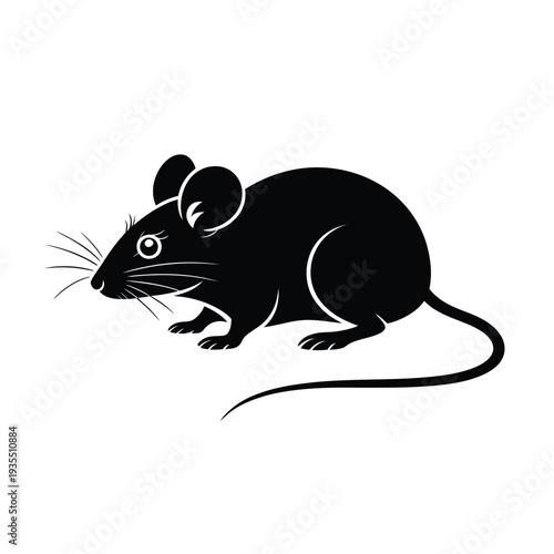 A simple black silhouette depicting a small common house mouse