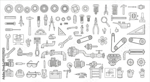 Collection of Industrial Mechanical Engineering Components and Tools Hand Drawn Sketch.