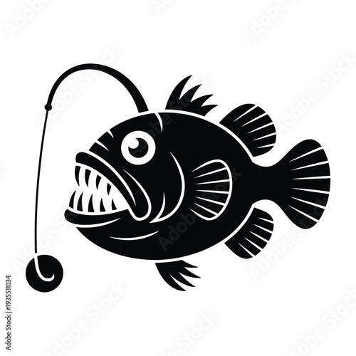 Stylized black and white illustration of an anglerfish with a glowing lure