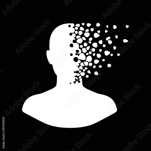 Human Head Disintegrating into Small Particles.