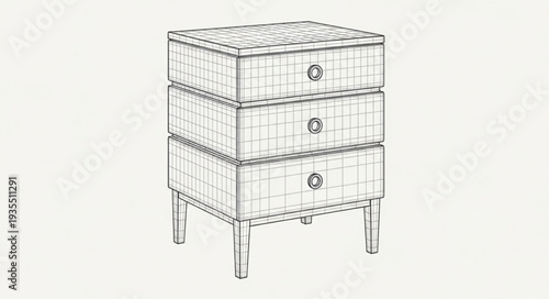 Vintage bedside table with three drawers and decorative legs.