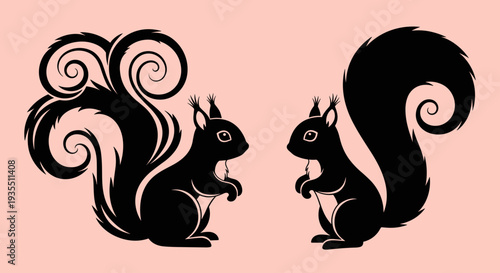 Black Silhouette Squirrels with Curly Tails.