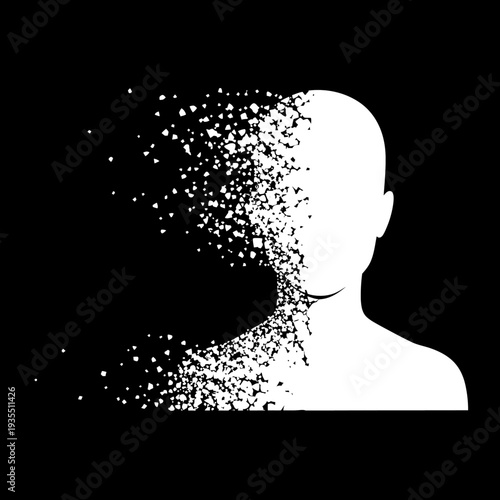Disintegrating Human Head Silhouette on Black.