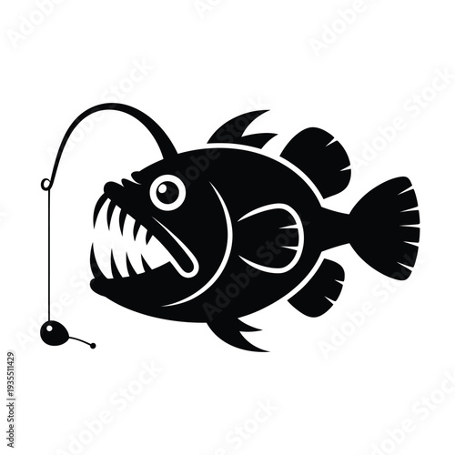Stylized black and white illustration of an anglerfish with a lure