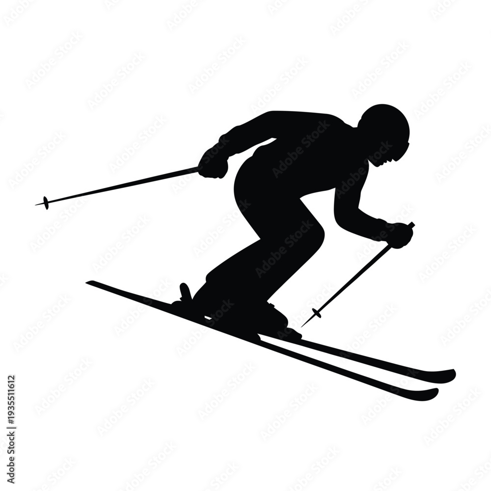 Fototapeta premium Silhouette of a skier in motion dynamically descending a snow slope