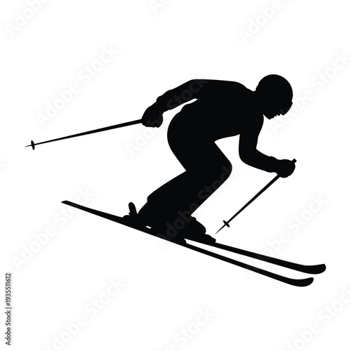 Silhouette of a skier in motion dynamically descending a snow slope