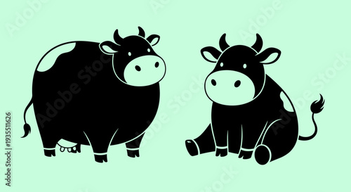 Cartoon Cows Standing and Sitting Illustration.