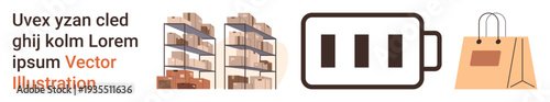 Logistics, e-commerce, power supply, inventory management, retail, online shopping. Stacks of boxes on shelves, battery icon shopping bag. Logistics and e-commerce concepts displayed