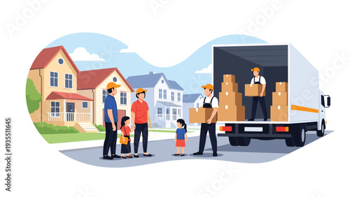 Professional moving team unloading cardboard boxes from a large truck in front of a family at their new suburban home.