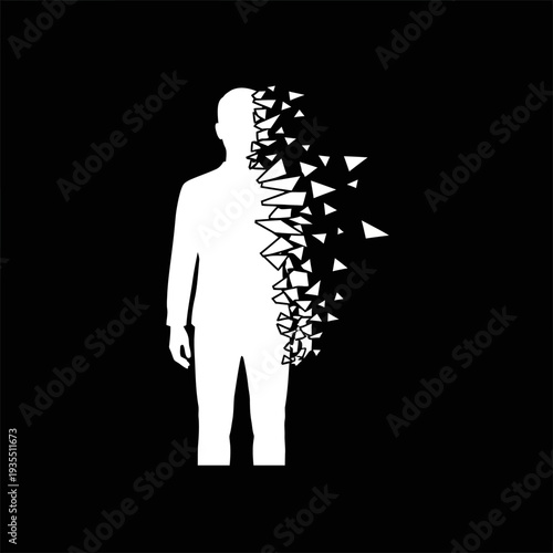 Man Disintegrating into Geometric Shapes Silhouette.