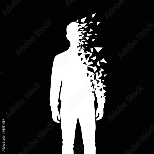 Man Disintegrating into Geometric Shapes.