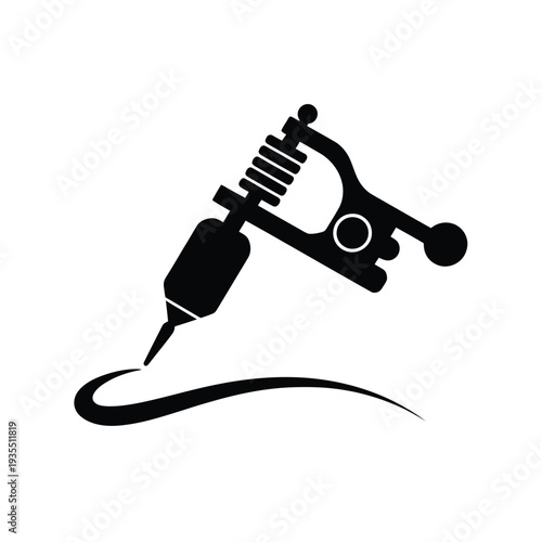 A black silhouette of a tattoo machine with a swirling line