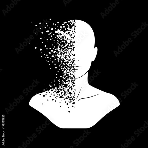Disintegrating Human Head and Shoulder Silhouette.