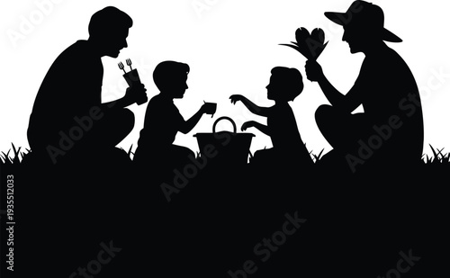 Family Having Picnic Silhouette In The Grass