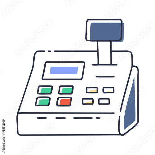 Cash register with buttons and screen in a simple outline style  