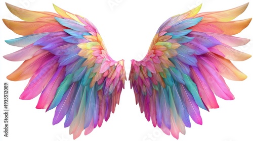 Colorful feathered wings illustration fantasy design on white background