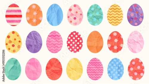 Colorful Easter eggs, vector paper shapes in different colors and textures, scrapbook graphic design elements for spring greeting cards, brochures and banners