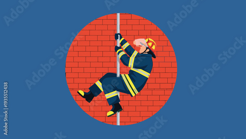 Brave firefighter in full protective gear sliding down a traditional pole inside a brick fire station to respond to an emergency.