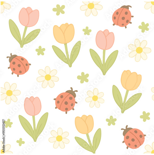 Print  Spring Garden Pattern with Tulips, Daisies, Ladybugs – Cute Pastel Cartoon Design, Seamless 