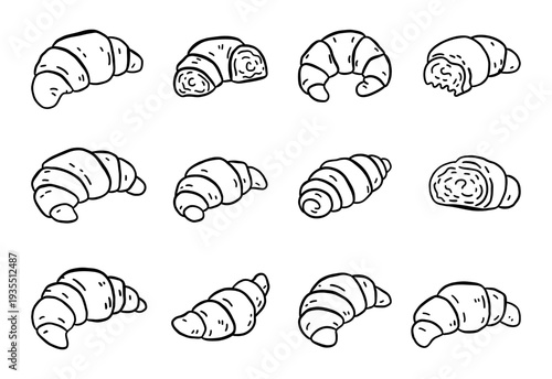 Hand drawn croissant outline set