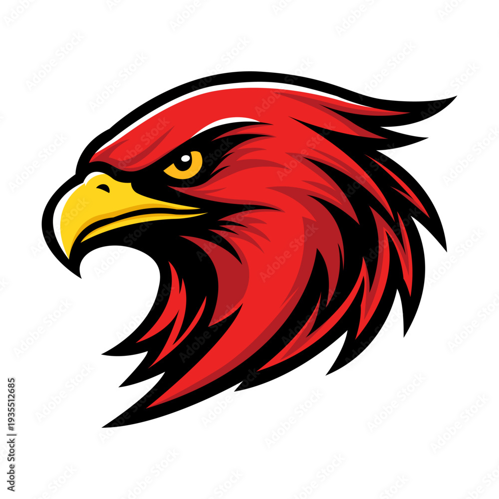 Obraz premium Fierce red eagle mascot logo head. Vector illustration of an aggressive falcon bird for sports teams or esports gaming branding