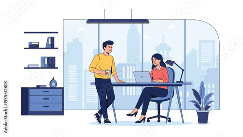 Professional colleagues discussing a project over a laptop in a modern high-rise office with a breathtaking city skyline view.