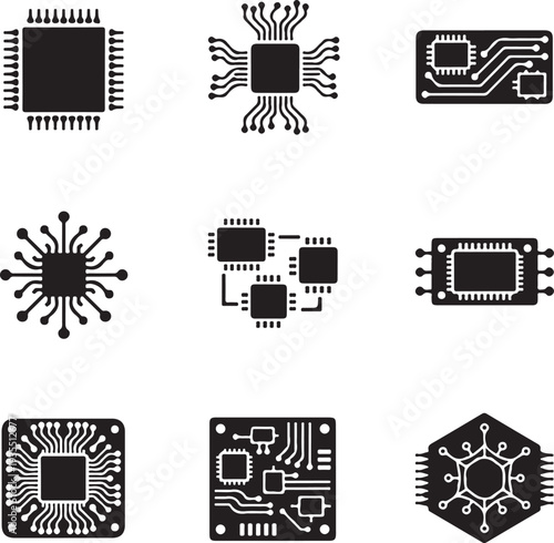 A collection of black and white circuit board icons