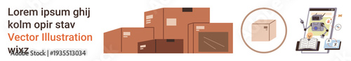 Logistics, shipping, delivery services, package tracking, e-commerce, inventory management. Stacked cardboard boxes and a tracking device interface. Logistics and shipping highlighted