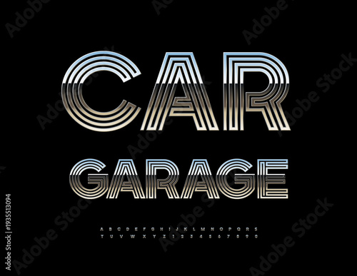 Vector Silver icon Car Garage. Cool Metallic Font. Modern Steel Alphabet Letters and Numbers set.