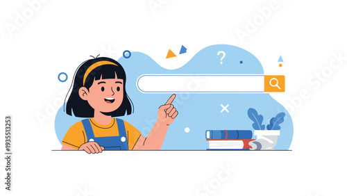 Curious young girl smiling and pointing her finger toward an empty web search bar, surrounded by educational symbols and books.
