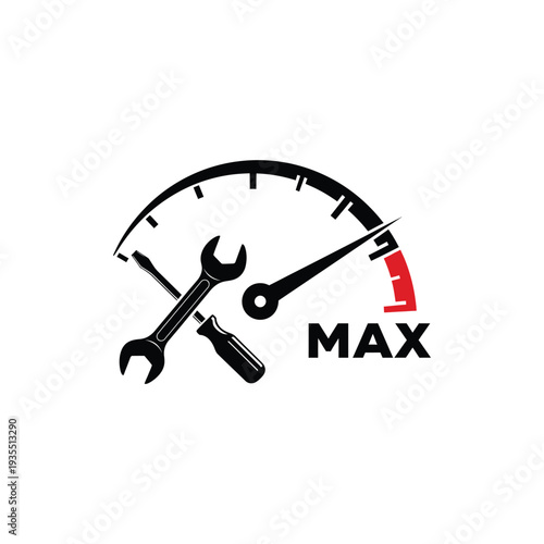 A wrench and screwdriver crossing over a gauge with a needle pointing to the maximum level
