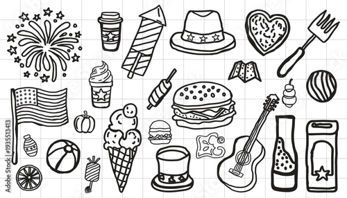 Fourth of July Illustration with Hand‑Drawn American doodle Icons, Fireworks, Food, and Festive Symbols.