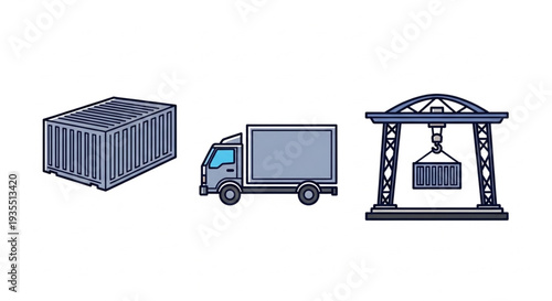 Shipping Container Truck and Crane Illustration.