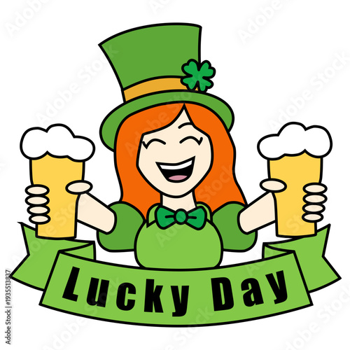  st patricks day leprechaun smiling redhead girl holding 2 pints of beer, pint foam, banner text lucky day, shamrock, irish, green outfit, vector art, cartoon style illustration, celebration