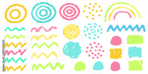 Colorful chalk drawings and shapes arranged on a white background